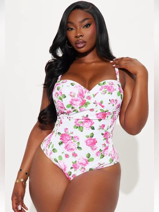 Fashion Nova White Floral One-Piece Swimsuit with Pink Roses SOLD OUT on FN! - Picture 4 of 5